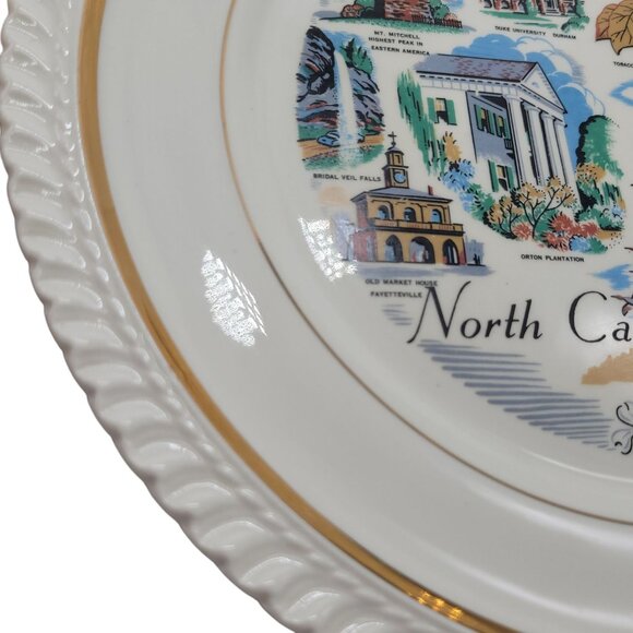 Vintage North Carolina Souvenir Plate With Gold Trim & Scenic Illustrations - Picture 9 of 10